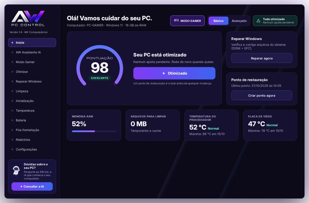 Pontuação de otimização do AW PC Control