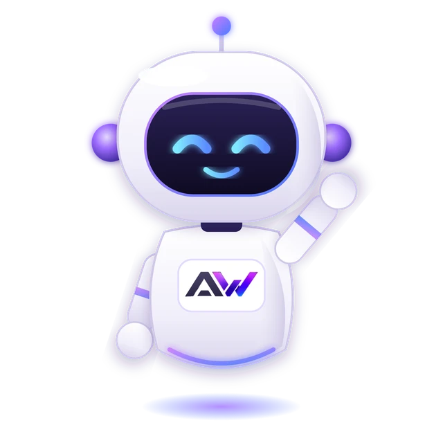 AW bot, the AW mascot, waving