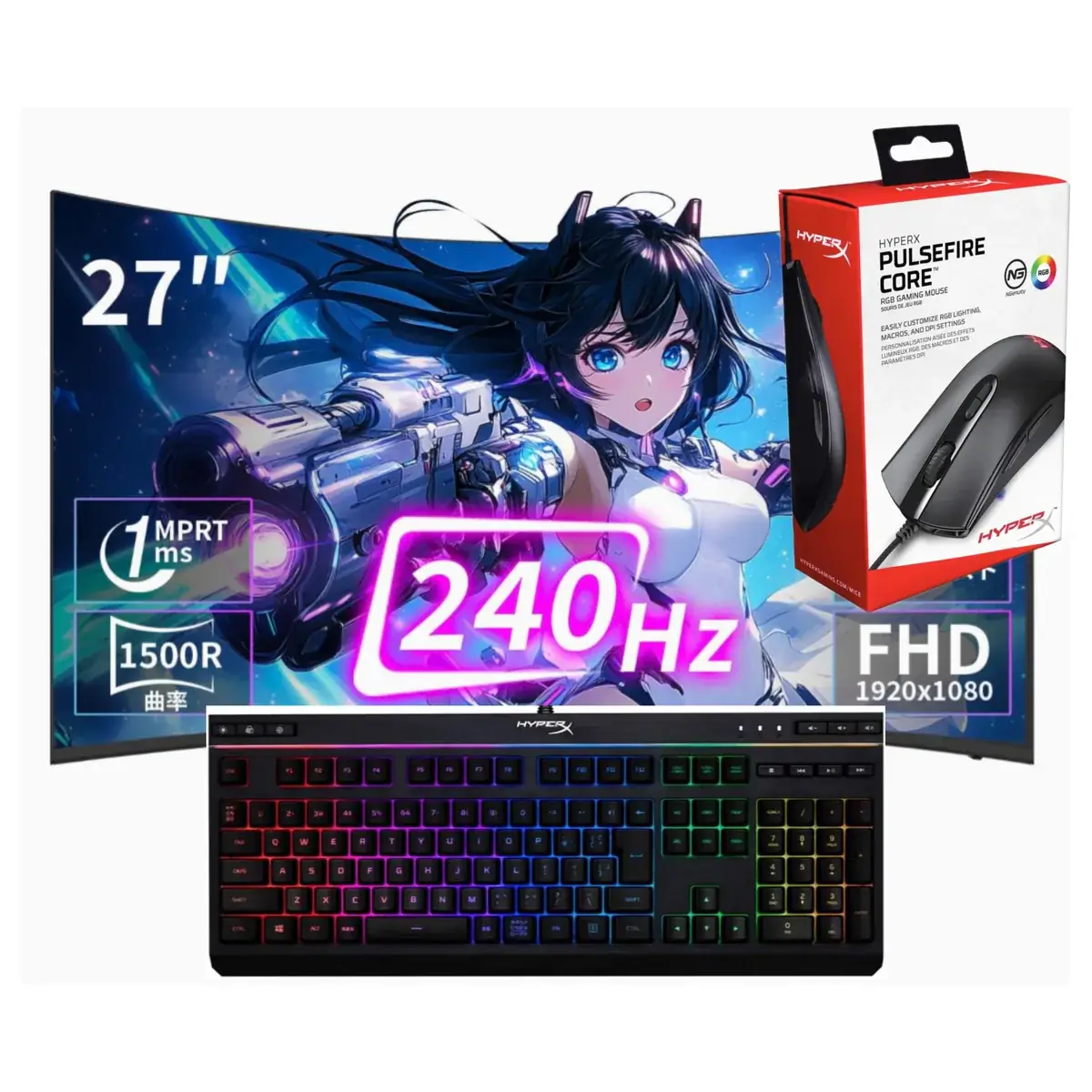 Set Gamer: Monitor Curvo 27" 240Hz + Teclado e Mouse HyperX